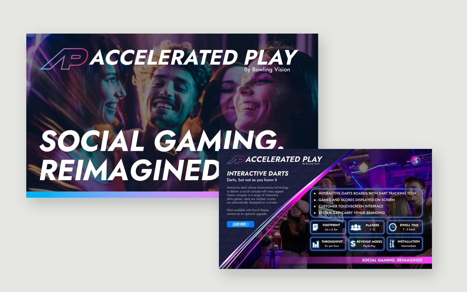 Accelerated Play brochure cover and interactive darts page composition